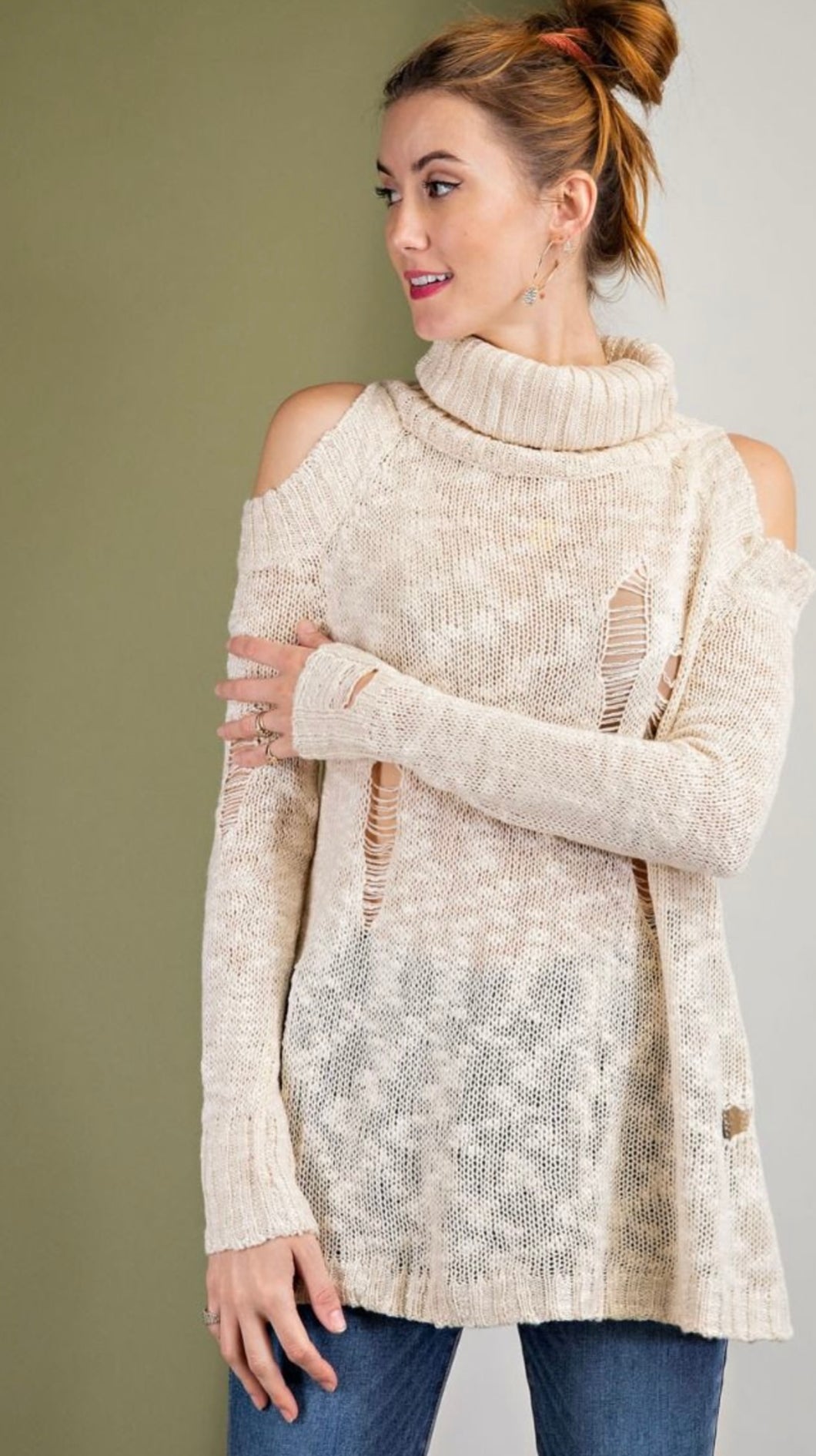 Oatmeal Cold Shoulder Sweater